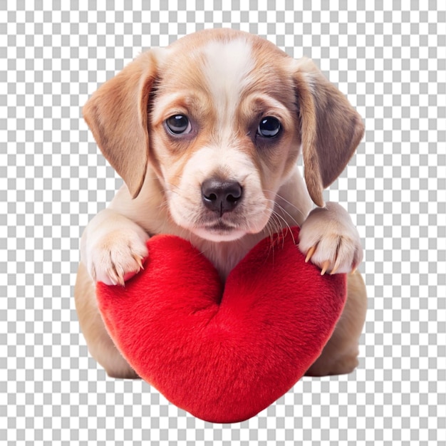 PSD cute sad puppy with a heart pillow