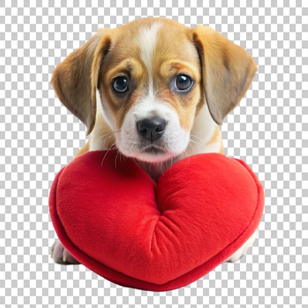 cute sad puppy with a heart pillow