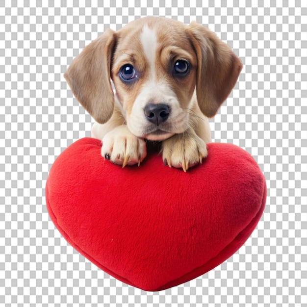 cute sad puppy with a heart pillow