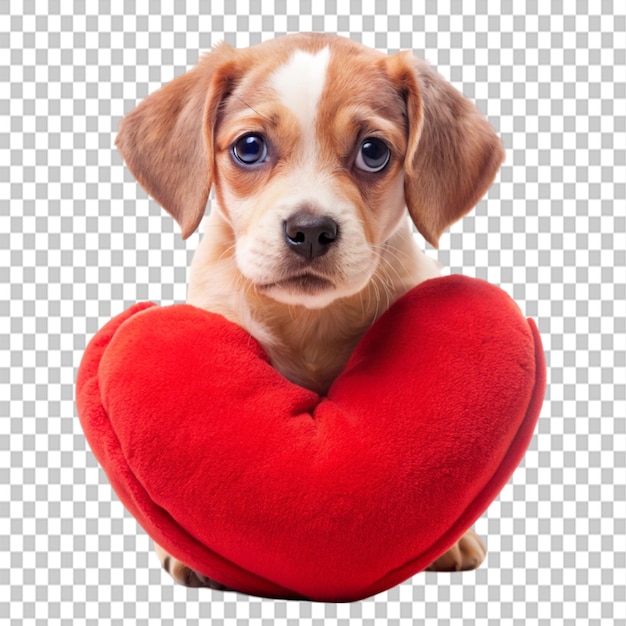 cute sad puppy with a heart pillow