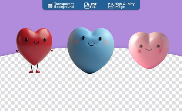 Cute Set of 3D Render Hearts Red Blue and Pink Cartoon Character Illustration