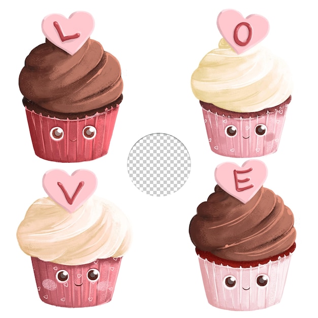 PSD cute set of four valentine love cupcakes assorted  isolated on white background