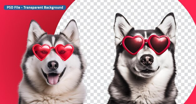 PSD cute siberian husky with heartshaped sunglasses a valentines day set