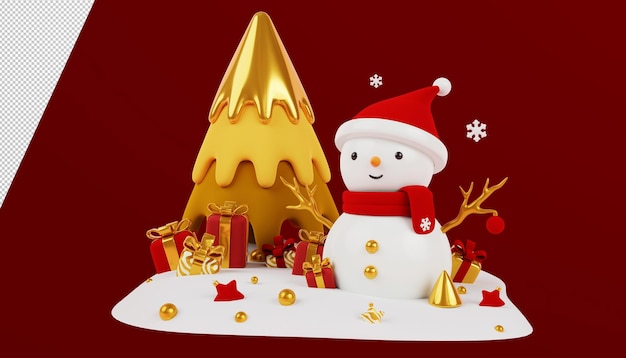 Cute snowman in a Christmas hat and with gift boxes near a golden tree