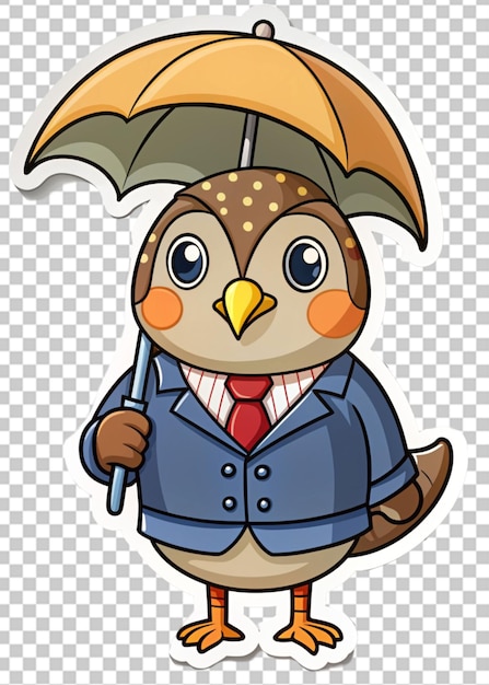 PSD cute sticker style cartoon quail with umbrella and jacket