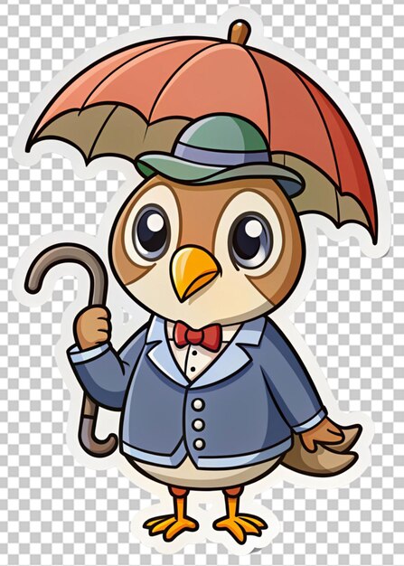 PSD cute sticker style cartoon quail with umbrella and jacket