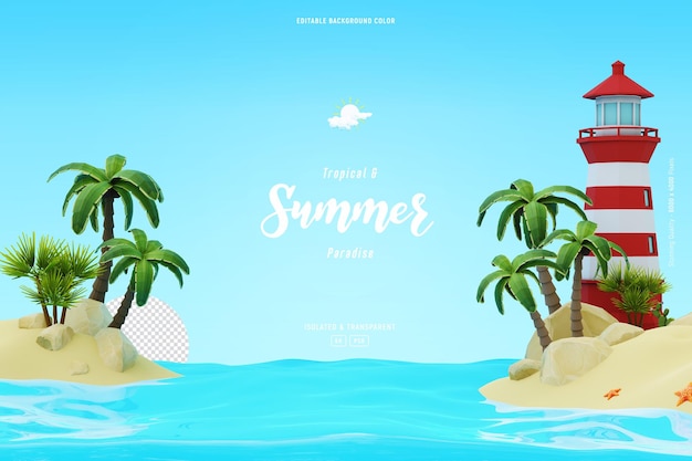 Cute Summer beach landscape background decorated with clouds and palm trees isolated 3D illustration