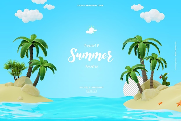 Cute Summer beach landscape background decorated with palm trees isolated 3D illustration