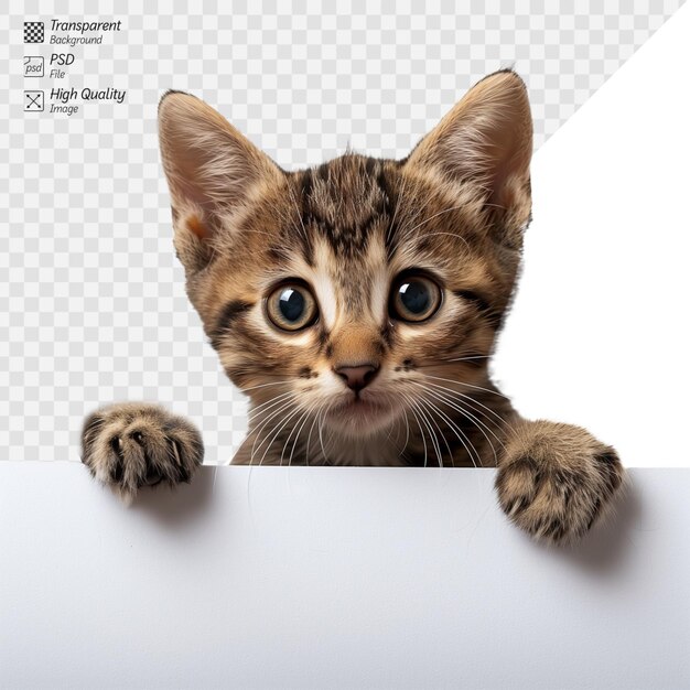 PSD cute tabby kitten peeking over a blank white board