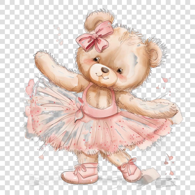 PSD cute teddy bear ballerina wearing ballet shoes watercolor