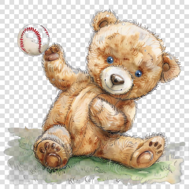 cute teddy bear in baseball field watercolor