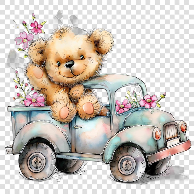 PSD cute teddy bear driving a truck with flowers watercolor