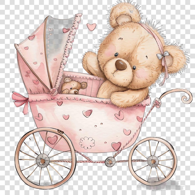 cute teddy bear inside a pram watercolor