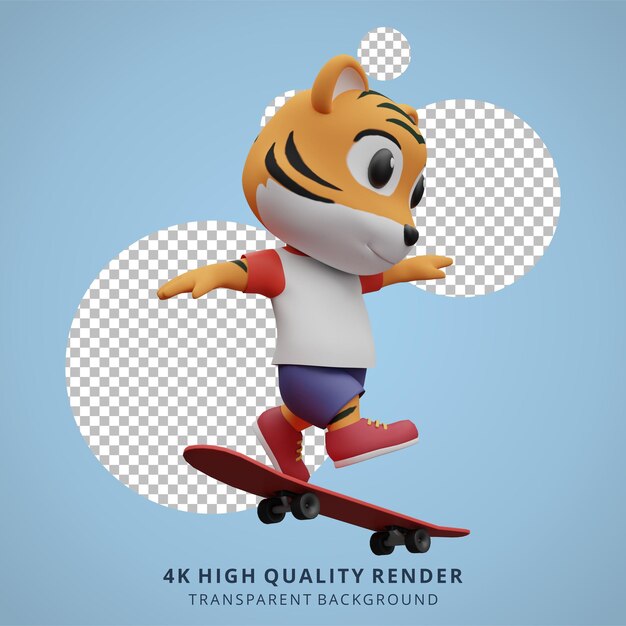 PSD cute tiger skateboarder animal 3d character mascot illustration