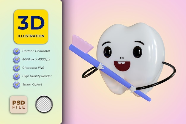 Cute tooth cartoon character toothache sad face doctor dentist help medicine toothache medicine 3d illustration 3d rendering kids mascot promotion marketing child healthy