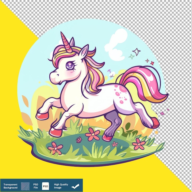 Cute Unicorn Prancing in Meadows Cartoon Vector transparent background PNG PSD