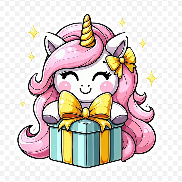 PSD a cute unicorn with a pink bow and a gold bow