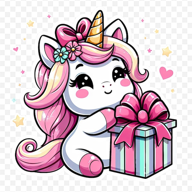 PSD a cute unicorn with a pink bow and pink hair