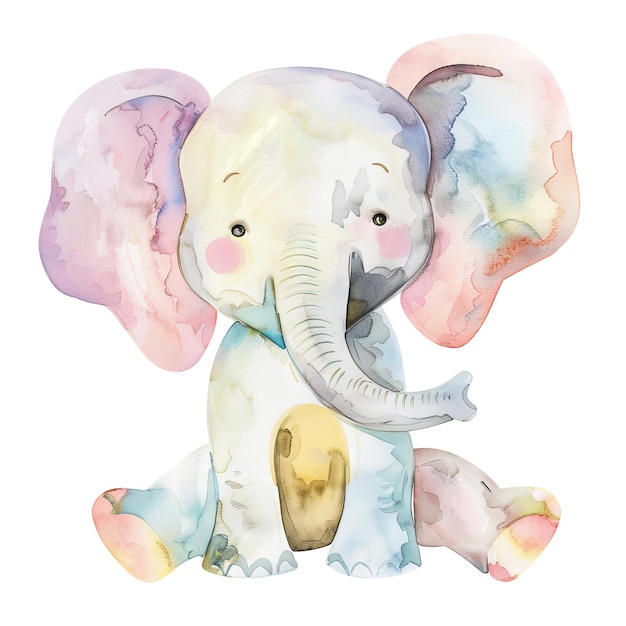 PSD cute watercolor baby elephant with pastel colors sitting adorably