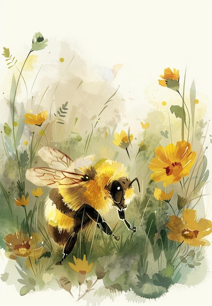 PSD cute watercolor cartoon bumblebee illustration in the style of quentin blake whimsical and joyful