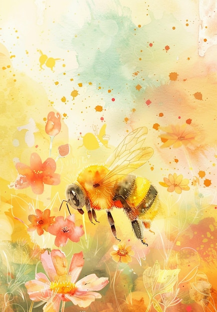 PSD cute watercolor cartoon bumblebee illustration in the style of quentin blake whimsical and joyful