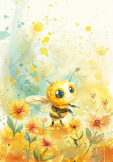 PSD cute watercolor cartoon bumblebee illustration in the style of quentin blake whimsical and joyful