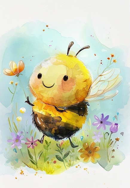 PSD cute watercolor cartoon bumblebee illustration in the style of quentin blake whimsical and joyful