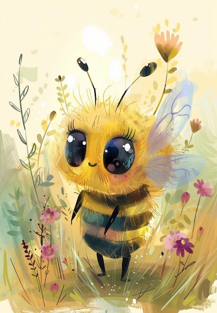 PSD cute watercolor cartoon bumblebee illustration in the style of quentin blake whimsical and joyful