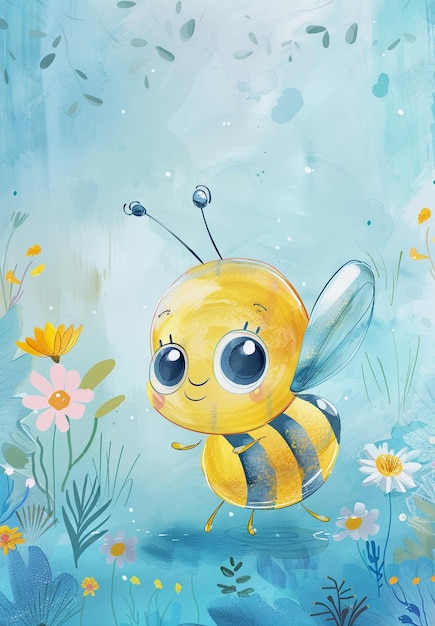 PSD cute watercolor cartoon bumblebee illustration in the style of quentin blake whimsical and joyful