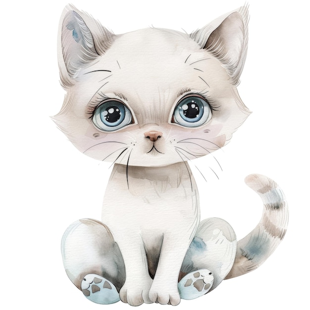 Cute Watercolor Illustration of a White Kitten with Big Blue Eyes and Whimsical Charm