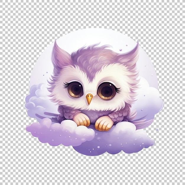 PSD cute watercolor owl on a cloud isolated on transparent background