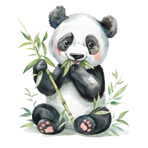 Cute Watercolor Panda Eating Bamboo Adorable Wildlife Illustration for Nursery Decor and Art Prints