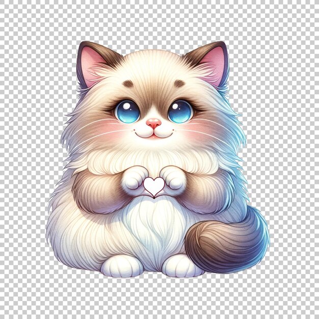 PSD cute watercolor ragdoll cat holding heart isolated on transparent background