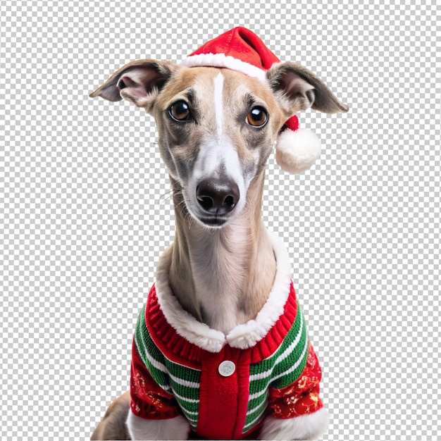 a cute whippet wearing Christmas cloth on transparent background