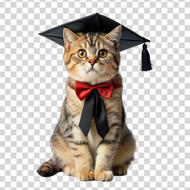 a cute white cat in a graduates hat and glasses sitting on a beige background