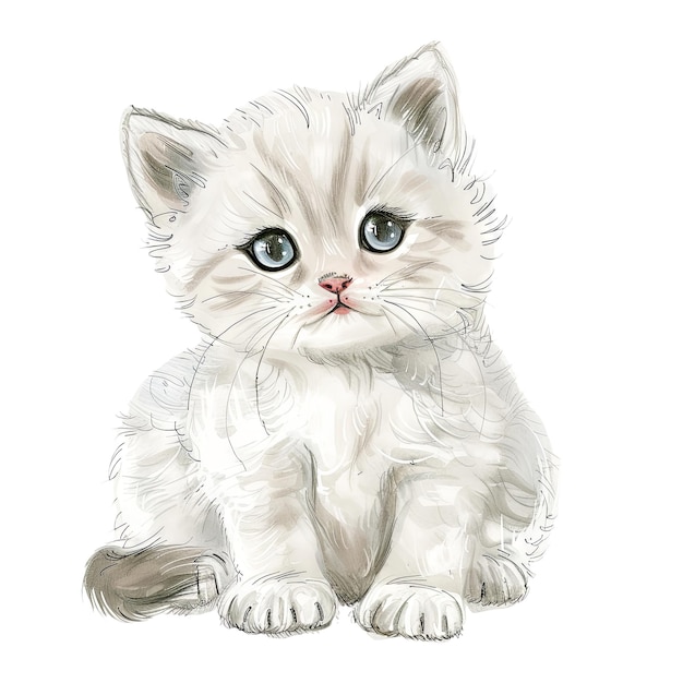 A cute white kitten with blue eyes is sitting