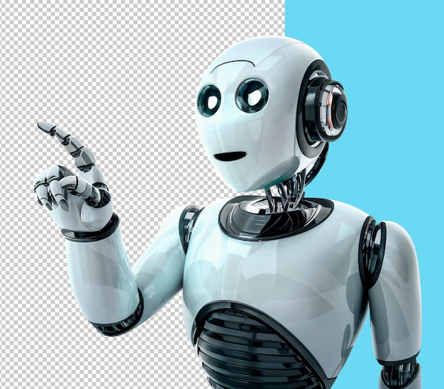 cute white shiny metal robot pointing his finger on a transparent backround