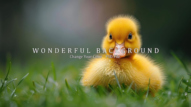 PSD cute yellow duckling in lush green grass