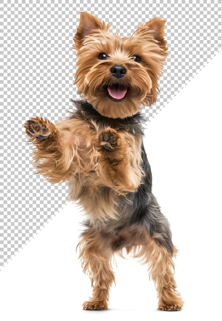 Cute yorkshire terrier dog doing standing trick on isolated background