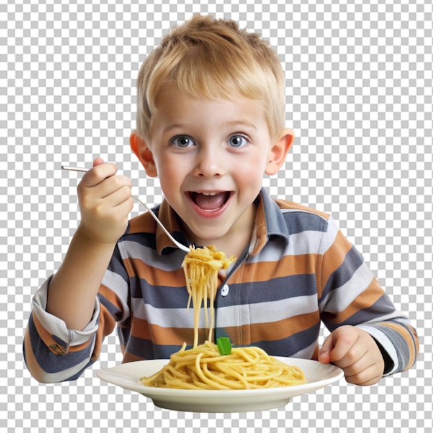 cute young boy eating a plate of spaghetti on transparent background