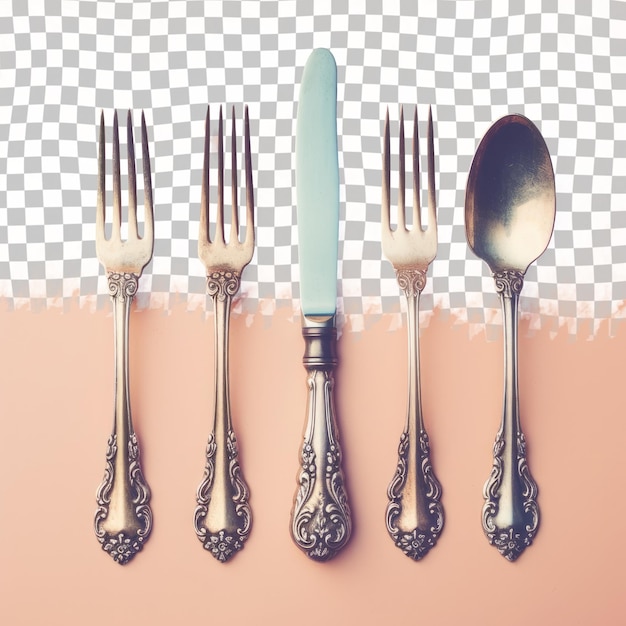 Cutlery including forks knives and spoons on an electric transparent background