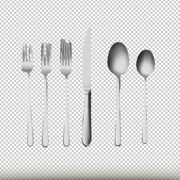 PSD cutlery set with table knife spoon fork tea spoon and fish spoon isolated on transparent background