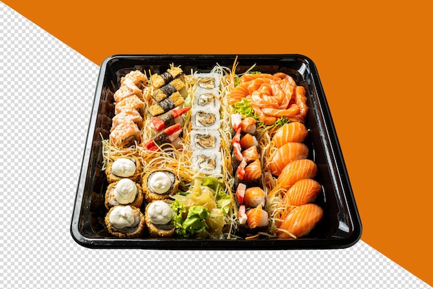 cutout sushi box made for delivery with sashimi nigiri hossomaki hot roll uramaki