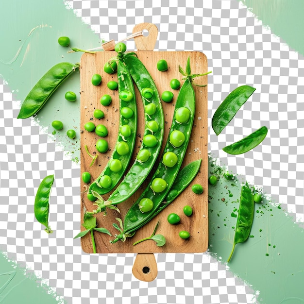 PSD a cutting board with green peas and a cutting board on a checkered surface