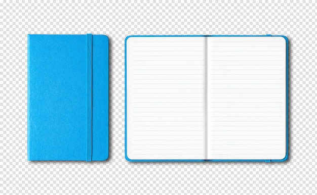 Cyan blue closed and open lined notebooks isolated on transparent background