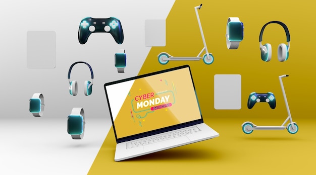 Cyber monday sale composition with new laptop mock-up