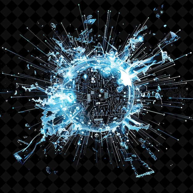 Cybernetic Explosion With Robots Circuits and Neon Lights Ne PNG Neon Effect on Dark Background