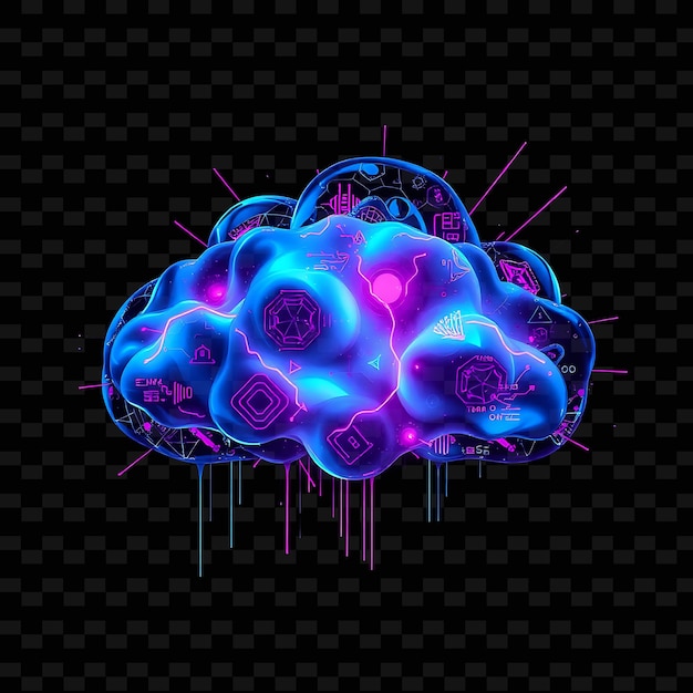 Cyberpunk Cloud With Digital Patterns Tech Inspired Motifs and Futuristic Text_Isolated_Neon_Objectu