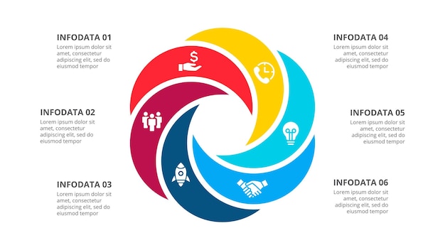 Cycle diagram divided into 6 sectors Design concept of six steps or parts of business infographic