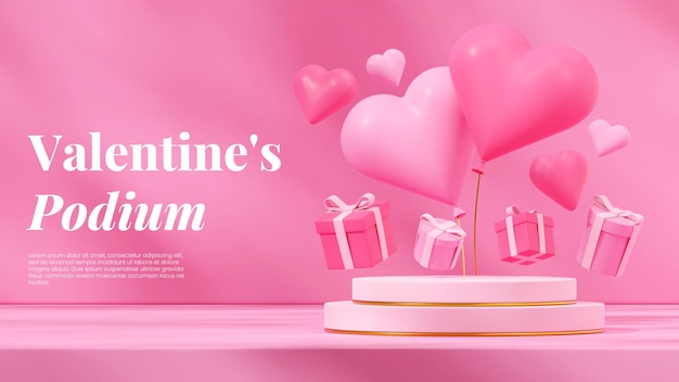 cylinder pink gold podium in landscape heart balloon and gift box 3d render image empty scene